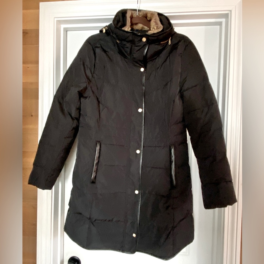 Warm Cole Haan faux fur color timed Down black winter jacket with leather trim